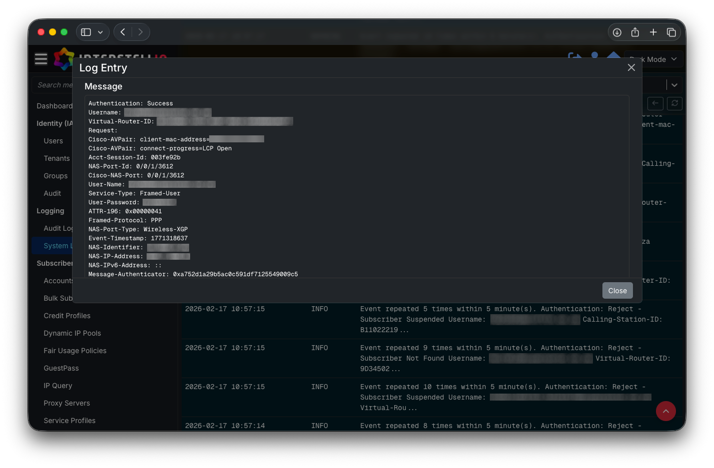 Full-Text Searchable RADIUS Logs